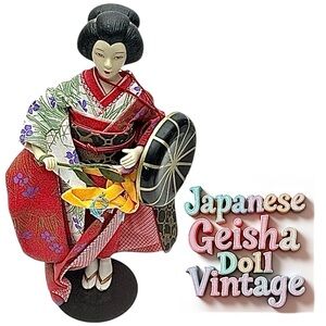 Vintage 9” Tall Porcelain Japanese Geisha Doll Woman Carrying Flowers With Hat